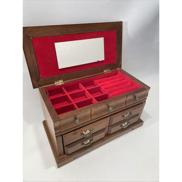 Vintage Two Drawer Oak Wood Jewelry Box with Brocade Fabric Top Beautiful - Picture 2 of 11